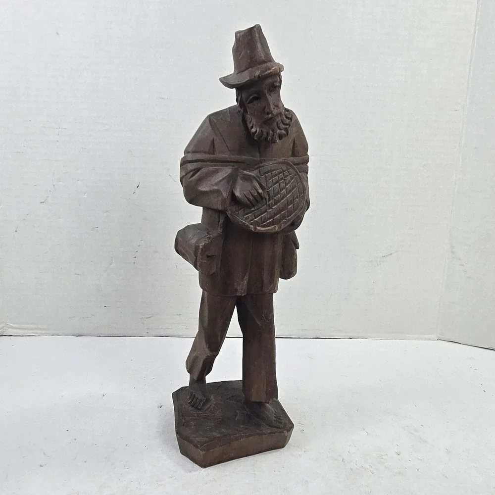 Vtg Hand Carved Wood Figurine Traveling Man Bowl In Hand & Bag Venezuela 12
